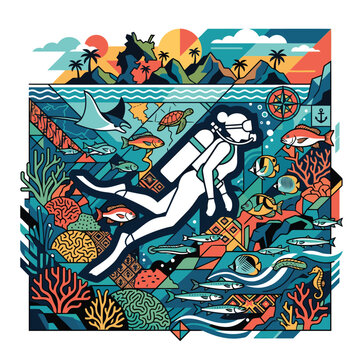 vector image of a poster of divers and marine life in Labuan Bajo, Indonesia