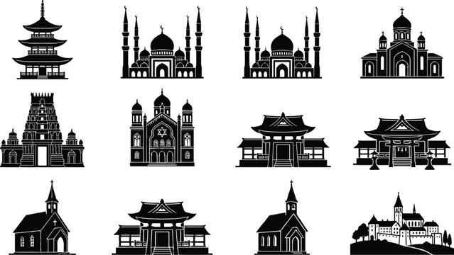 Religious Buildings and Sacred Architecture Silhouette Icons Set Collection