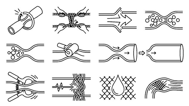 Medical icons showing blood vessel surgery and artery treatment procedures in line art style.