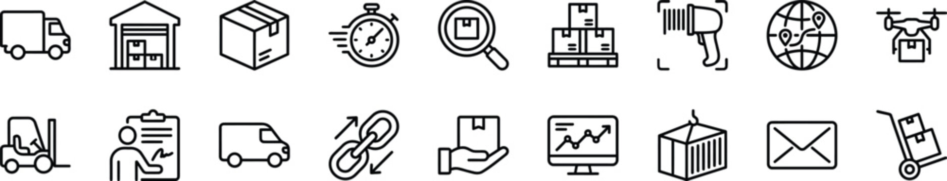 Delivery and logistics line icon set with shipping cargo truck warehouse package and supply chain symbol collection