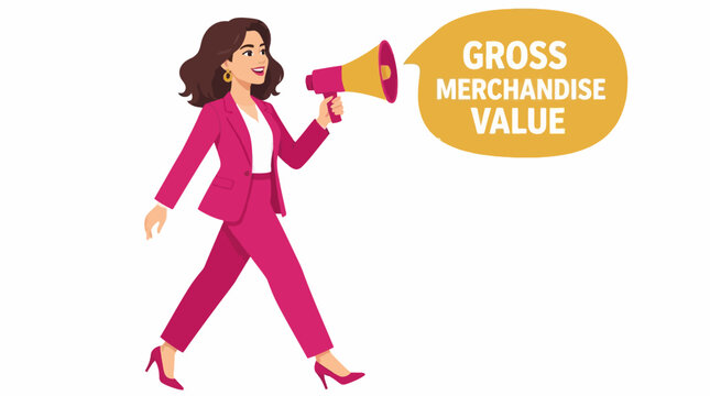 Businesswoman with megaphone promoting gross merchandise value.