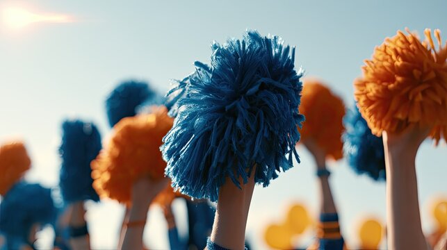 Close-up on hands holding blue and orange pom-poms against a bright sky