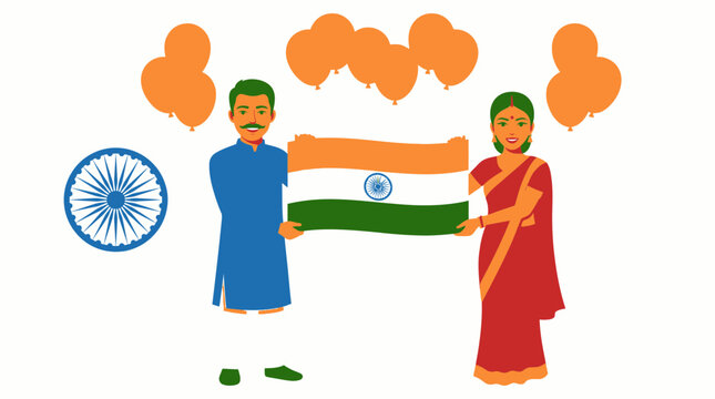 Man and Woman Celebrate India Independence Day Holding Flag