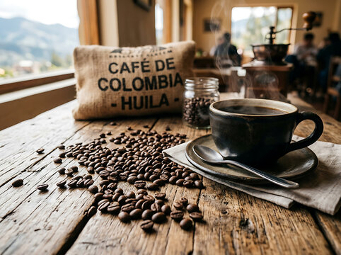 A steaming cup of freshly brewed Colombian coffee sits on a rustic wooden table, surrounded by roasted coffee beans and a burlap sack labeled "Caf&eacute; de Colombia - Huila.".