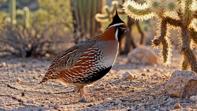 Montezuma quail walking and foraging on rocky desert ground near cholla cactus during golden hour