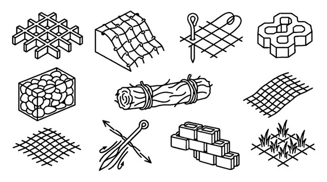 Isometric line art icons of civil engineering and soil erosion control materials.