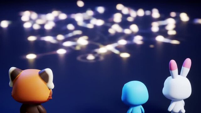 Cute 3D characters looking at glowing network nodes.