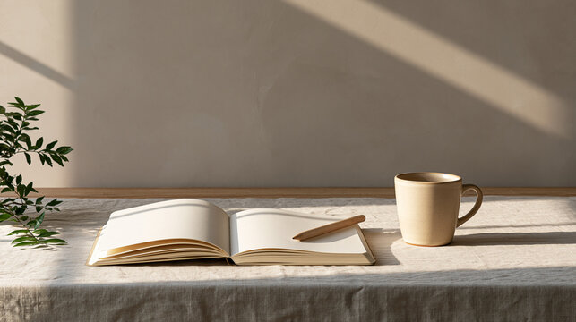 Minimalist Workspace with Open Notebook and Coffee Cup