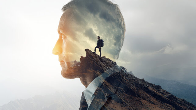 Businessman and hiker show journey of ambition and personal growth on rocky ridge