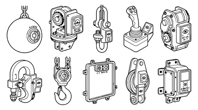Industrial Crane Lifting Equipment and Heavy Machinery Components Line Art Illustration Set.