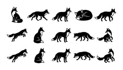 Naklejka premium Fox Silhouette Collection Set Featuring Various Wildlife Poses and Running Animals in Black Graphic Style
