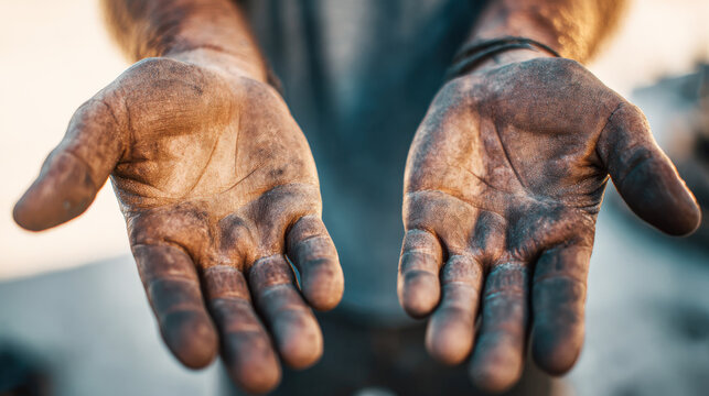 Hands of a manual worker show signs of hard work under natural light in a documentary setting