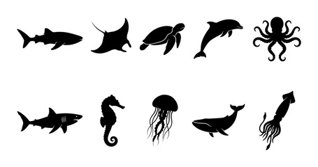 Fototapeta premium Sea Life Silhouette Icons Set Featuring Ocean Creatures and Marine Animals Including Sharks Dolphins and Turtles