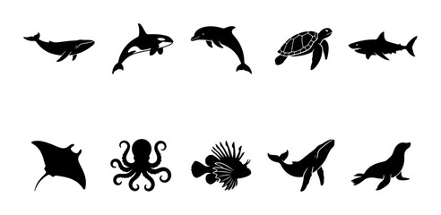 Fototapeta premium Marine Life Silhouette Collection Featuring Ten Aquatic Animals Including Whale Dolphin Sea Turtle Shark and Octopus