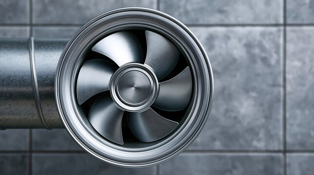 Front view of stainless-steel exhaust ventilation fan inside metal pipe on gray tiled wall ventilation system technology for indoor air circulation