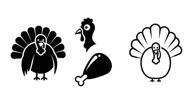 Turkey Icons Set: Silhouette of Thanksgiving Bird, Head, and Cooked Leg