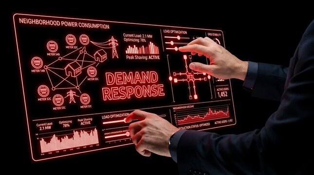 Futuristic energy management interface showing demand response data with hands interacting on screen.