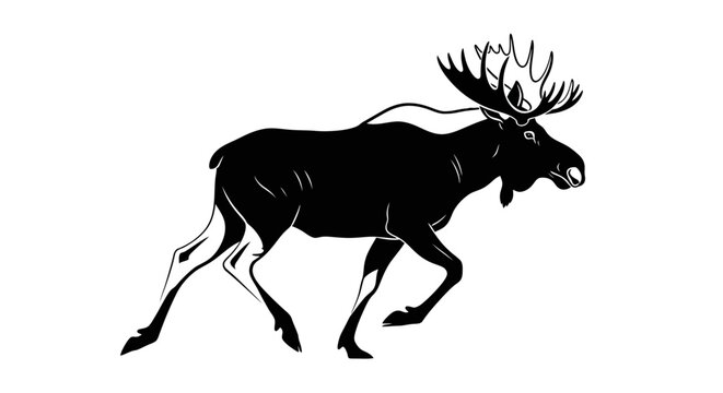 Black silhouette of a running bull moose isolated on a white background