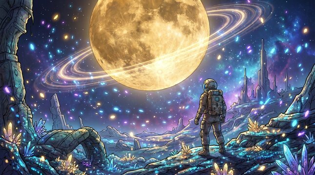 Lone astronaut standing on a mysterious alien planet surface looking at a giant ringed golden moon