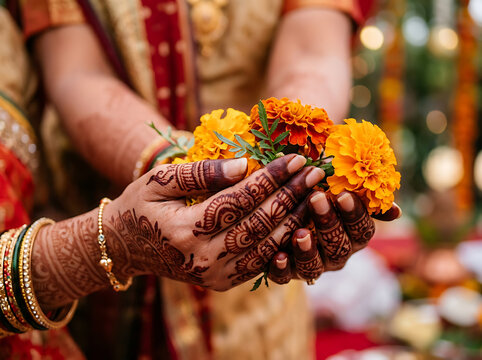 Close-up of hands adorned with intricate mehndi designs and bangles, holding vibrant orange marigold flowers during a traditional ceremony.