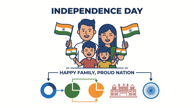 Happy Family Celebrates India Independence Day with Flags