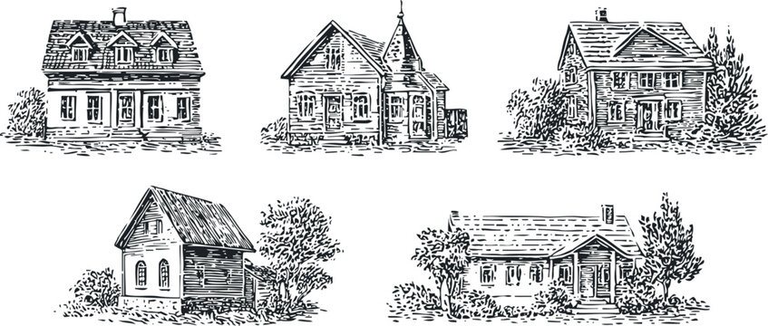 vintage engraved houses set rustic countryside cottages with trees and detailed architecture