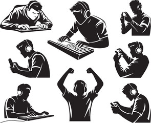 Collection of gaming silhouettes with controllers and headsets, silhouette © Saiful