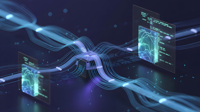 Central computer processor chip with glowing blue data streams, digital fiber optic cables, and floating holographic code interface panels