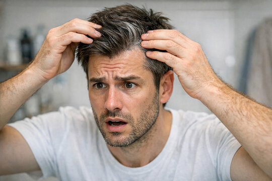 A man in the midst of washing his hair with soap, making a face as he experiences the lather and suds.