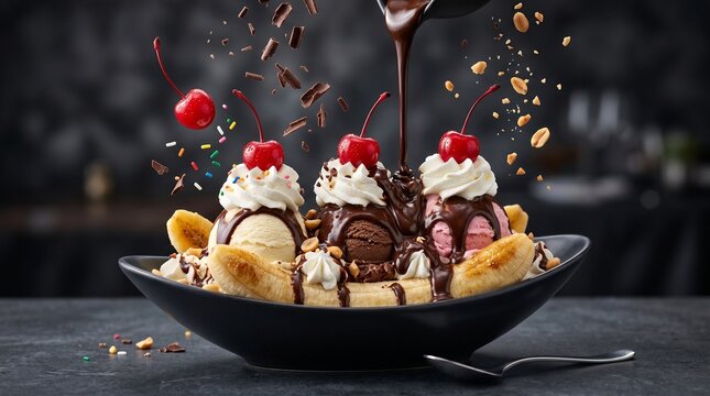 Classic Banana Split with Flowing Chocolate Sauce Premium Dessert Photography
