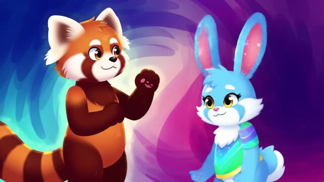 Cute cartoon red panda and blue bunny dancing.