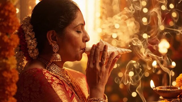 Indian woman blowing a conch shell during akshaya tritiya ritual with warm bokeh lights and incense smoke.