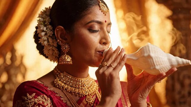 Indian woman blowing a conch shell in a warm golden temple during akshaya tritiya spiritual celebration.