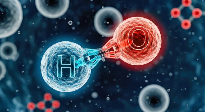 Hydrogen and Oxygen Atoms Forming a Water Molecule in a Molecular Bond Structure