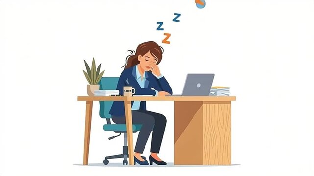 Woman snoring at desk with laptop and coffee cartoon style