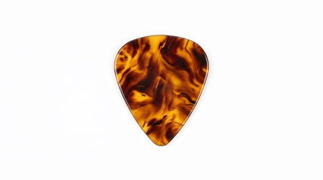 Guitar pick with brown tortoiseshell pattern isolated on white background used for stringed musical instruments.