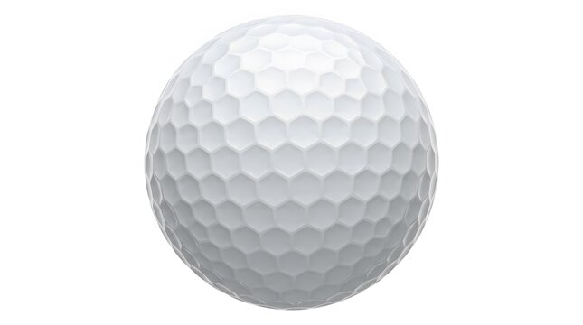 Close-up of white golf ball with hexagonal dimple pattern, isolated on a clean background.