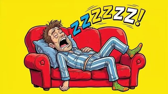 Man snoring loudly on red couch in cartoon style animation scene