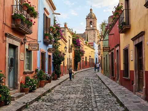 A picturesque cobblestone street winding through a vibrant historic town with colorful colonial buildings, potted flowers, and a distant church tower under a clear sky.