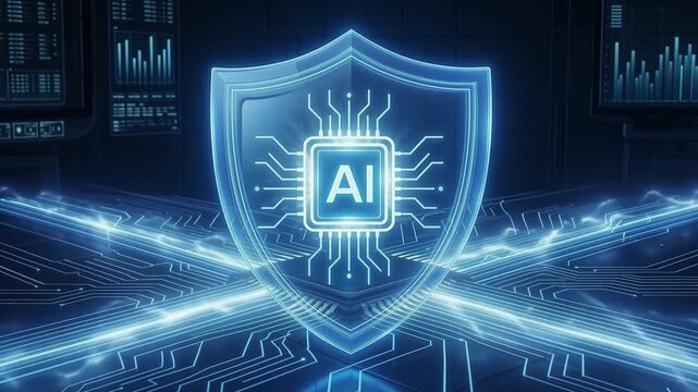 Digital shield AI cybersecurity, robust data protection for modern technology. Securing artificial intelligence, advanced network