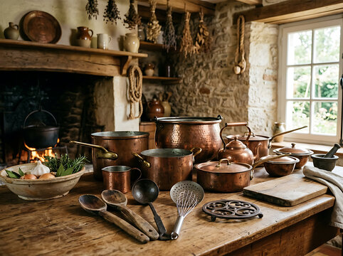 A rustic kitchen scene featuring a large collection of gleaming copper cookware and traditional utensils on a wooden table, with a fireplace and dried herbs in the background.