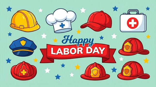 A festive Labor Day graphic featuring a collection of professional headgear and tools, including a construction helmet, chef hat, police cap, and firefighter helmets.