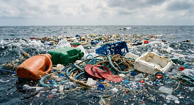 Plastic waste and garbage pollution floating on the ocean water surface.
