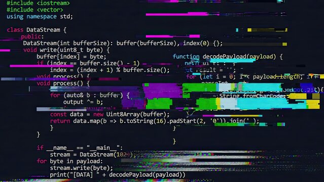 Digital data stream visualizing programming code with vibrant colors and distorted patterns in gigapixel art scale
