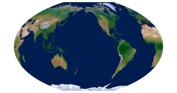 World Map. McBryde-Thomas flat-polar quartic pseudocylindrical projection animation. High detail physical map of Earth. Longitude rotation in motion.