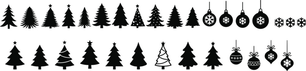 Obraz premium Black christmas tree and ornament silhouette icons. A set of black Christmas tree, snow and ornament icon vector illustration. Christmas tree, snow and ornament silhouettes.