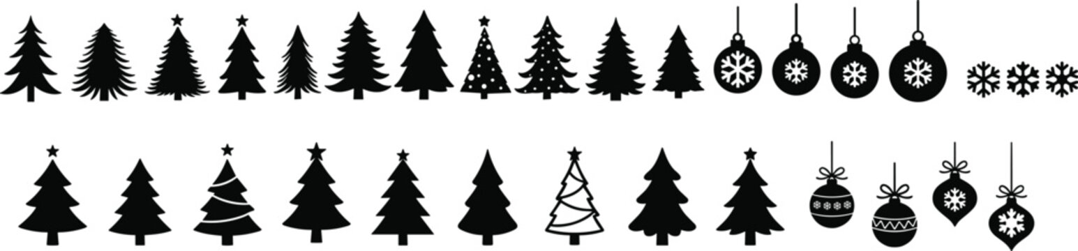 Black christmas tree and ornament silhouette icons. A set of black Christmas tree, snow and ornament icon vector illustration. Christmas tree, snow and ornament silhouettes.