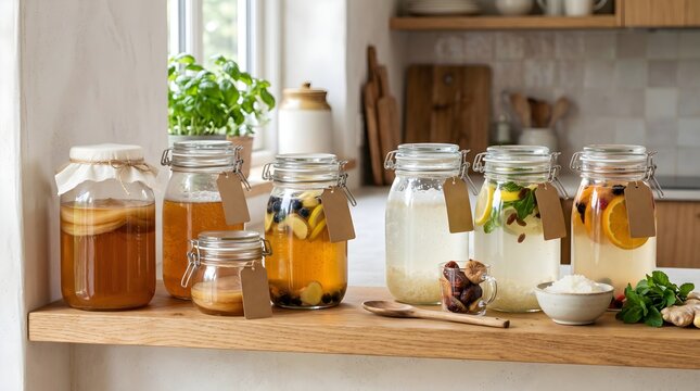 Homemade kombucha and fermented drinks in glass jars, probiotic tea brewing with scoby and fruit, healthy organic beverage production in kitchen