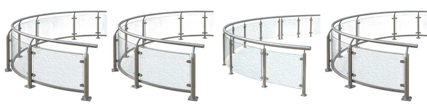 set of the four isolated  modern curved glass  withe stainless steel handrail on withe background PNG photo high quality''