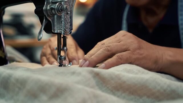 Close-up of tailor's hands operating vintage sewing machine, stitching fabric with precision.